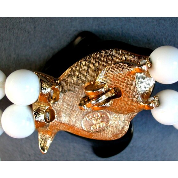 VINTAGE KJL FOR AVON NECKLACE & EARRINGS BLACK LILY FLOWER/FAUX PEARLS - Picture 6 of 7